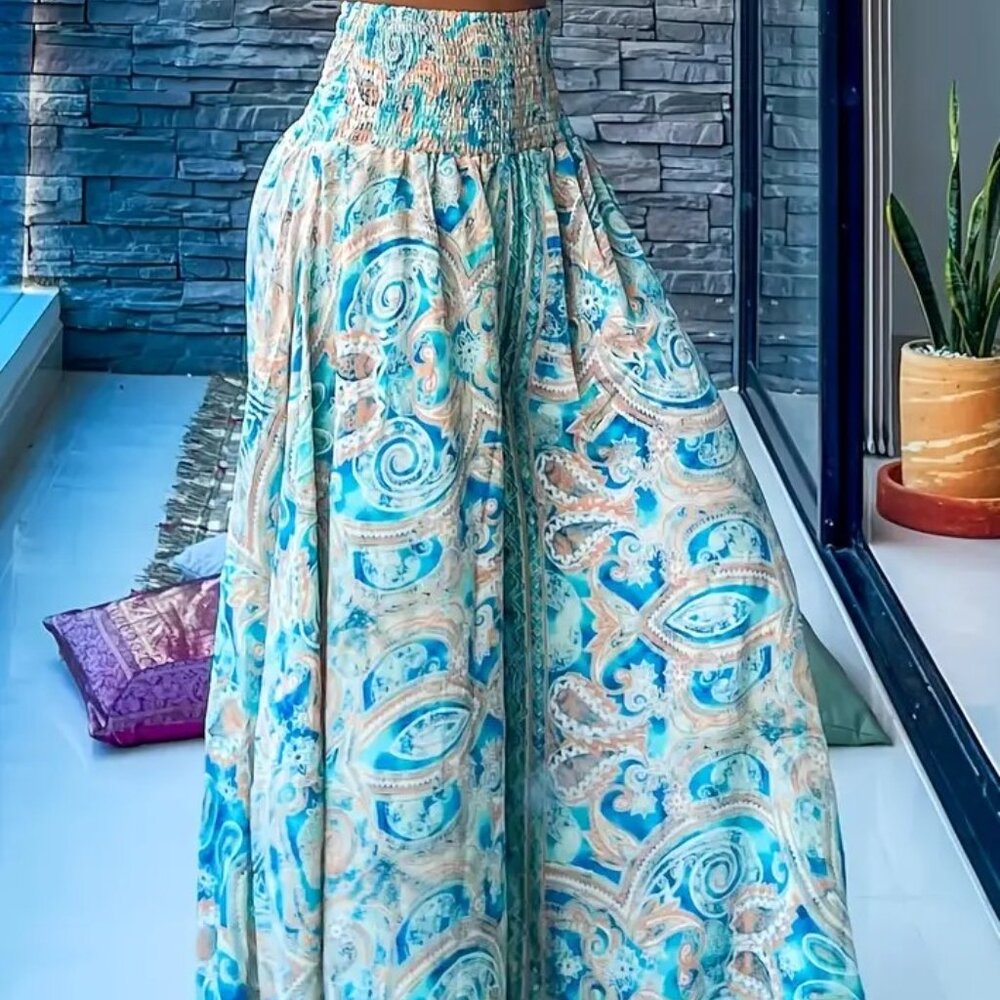 Boho Wide Leg Palazzo Pants - Turquoise Paisley